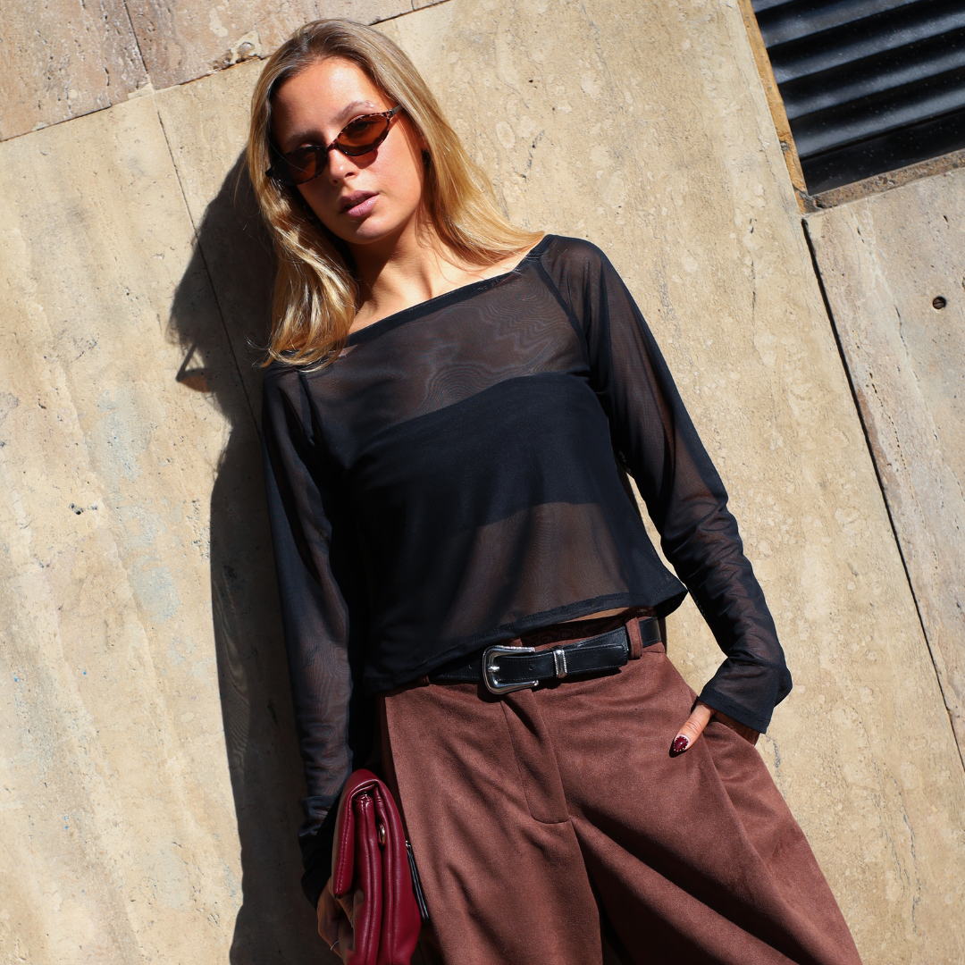 Top Transparencia Negro Manga Larga
