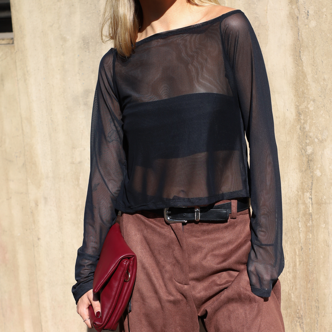 Top Transparencia Negro Manga Larga